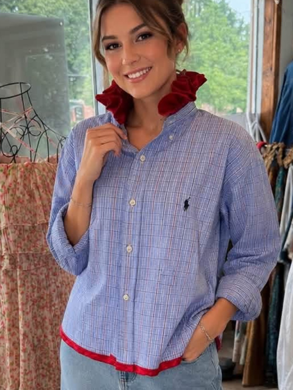 Repurposed Polo by Ralph Lauren Light Blue Plaid Button-Down Shirt with Red Trim